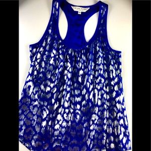 TRINA TURK Purple SILK Silver Metallic LEOPARD Print Racer Back Top Sz XS Petite